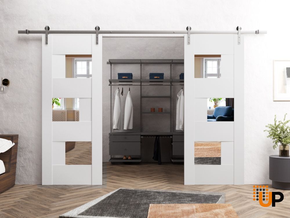 Modern Double Barn Door / Sete 6999 White Silk with Mirror / 13FT Rail Track Set / Solid Panel Interior Doors-48" x 80" (2* 24x80) photo#4