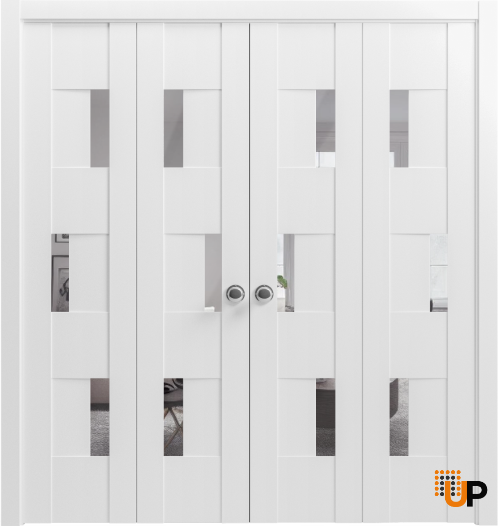 Sliding Closet Double Bi-fold Doors | Sete 6999 White Silk with Mirror | Sturdy Tracks Moldings Trims Hardware Set | Wood Solid Bedroom Wardrobe Doors  photo#2