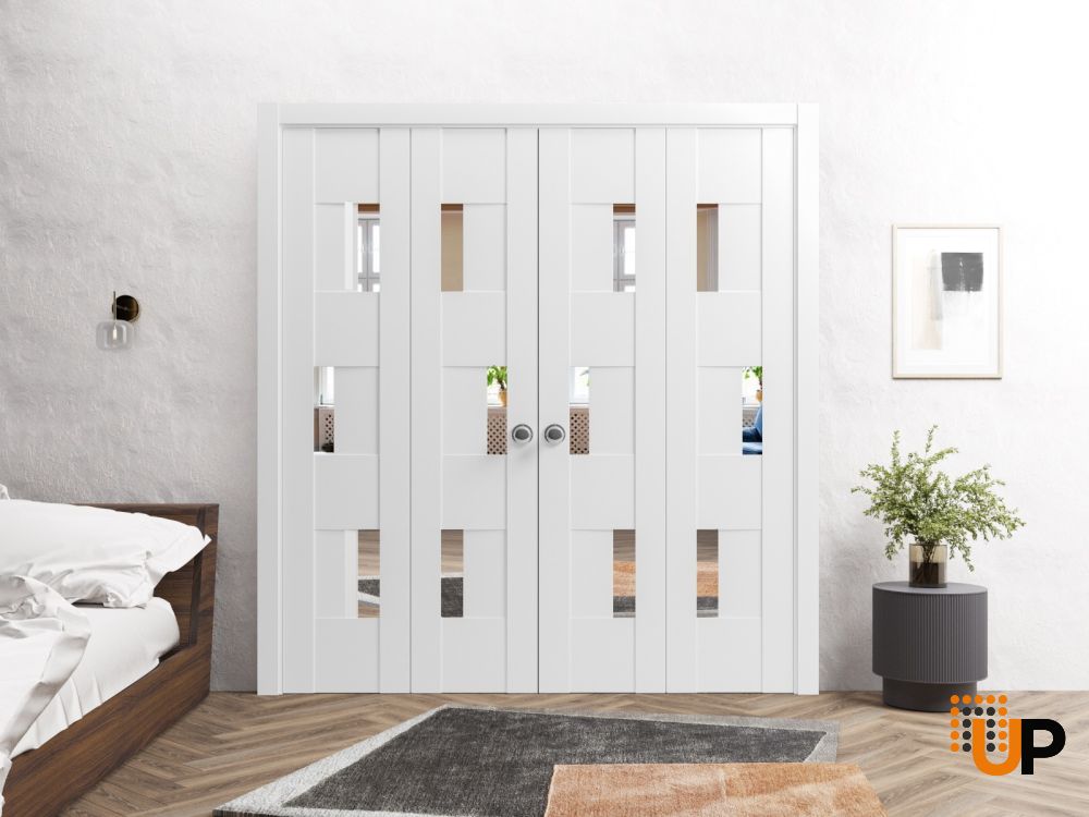 Sliding Closet Double Bi-fold Doors | Sete 6999 White Silk with Mirror | Sturdy Tracks Moldings Trims Hardware Set | Wood Solid Bedroom Wardrobe Doors  photo#4
