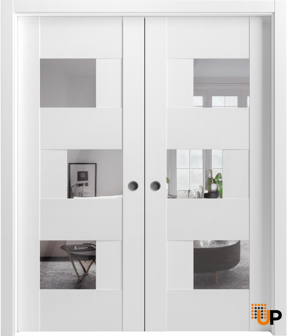 Sliding French Double Pocket Doors 48 x 96 inches Opaque Glass / Sete 6999 White Silk with Mirror / Kit Rail Hardware / MDF Interior Bedroom Modern Doors photo#2