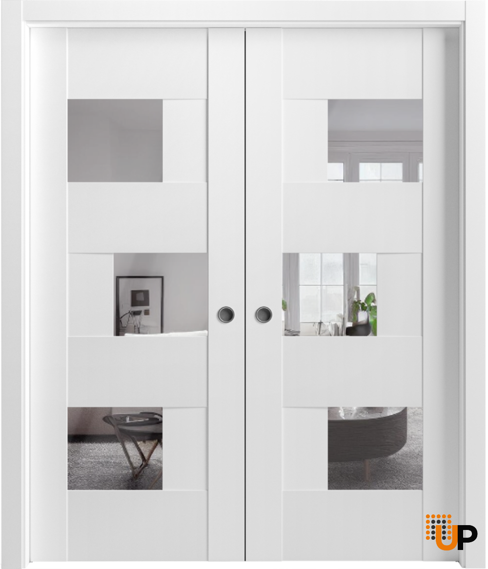 Sliding French Double Pocket Doors 56 x 84 inches Opaque Glass / Sete 6999 White Silk with Mirror / Kit Rail Hardware / MDF Interior Bedroom Modern Doors photo#2