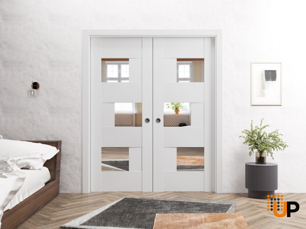 Slab Door Panel Opaque Glass 24 x 80 inches / Sete 6999 White Silk with Mirror / Modern Finished Doors / Pocket Closet Sliding Barn photo#4