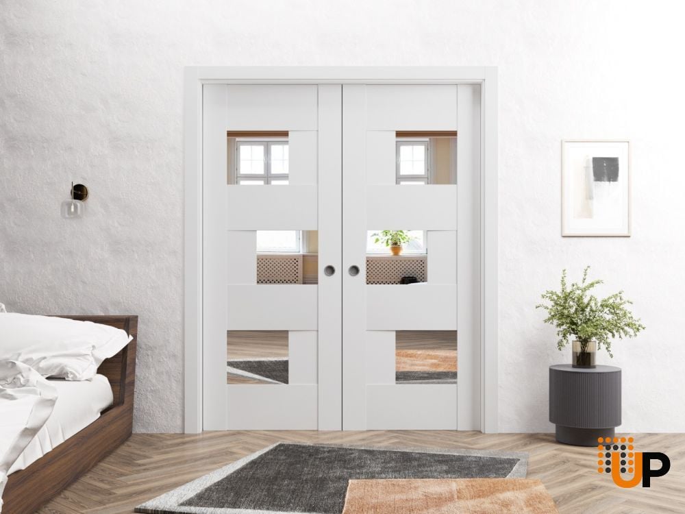 Sliding French Double Pocket Doors 56 x 84 inches Opaque Glass / Sete 6999 White Silk with Mirror / Kit Rail Hardware / MDF Interior Bedroom Modern Doors photo#4
