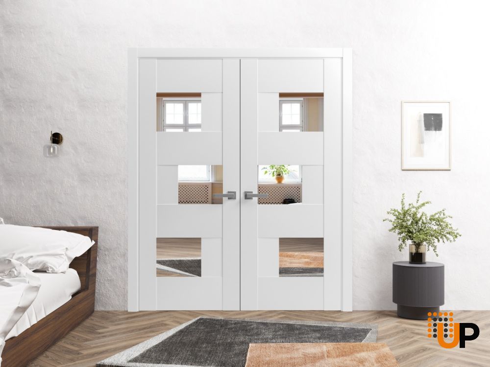 Solid French Double Doors Opaque Glass / Sete 6999 White Silk with Mirror / Wood Solid Panel Frame / Closet Bedroom Modern Doors -56" x 96" (2* 28x96) photo#4