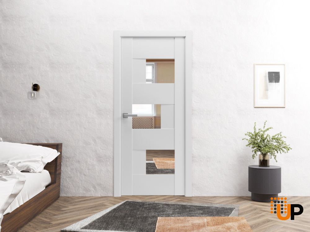Slab Door Panel Opaque Glass 36 x 96 inches / Sete 6999 White Silk with Mirror / Modern Finished Doors / Pocket Closet Sliding Barn photo#3