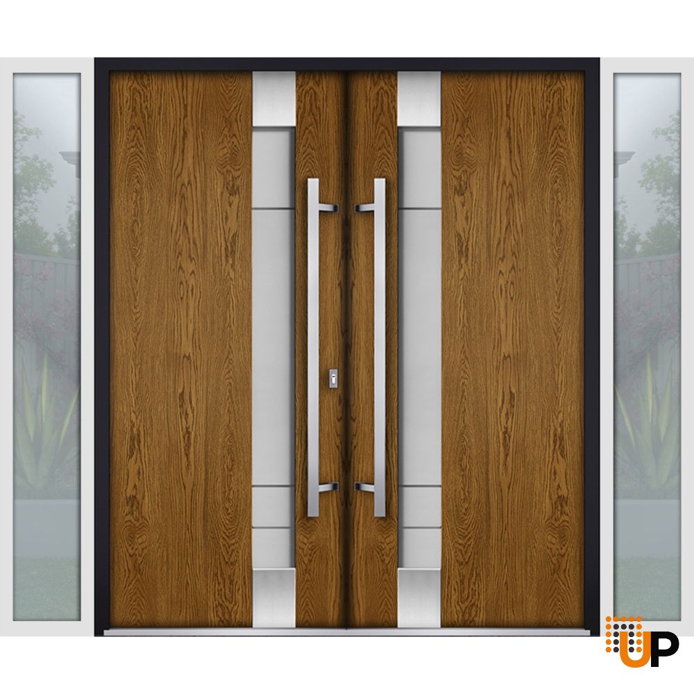 Front Exterior Prehung Steel Double Doors / Deux 1713 Natural Oak / 2 White Sidelight Exterior Windows / Stainless Inserts Double Modern Painted-Left Hand-W12+72+12" x H80" photo#1