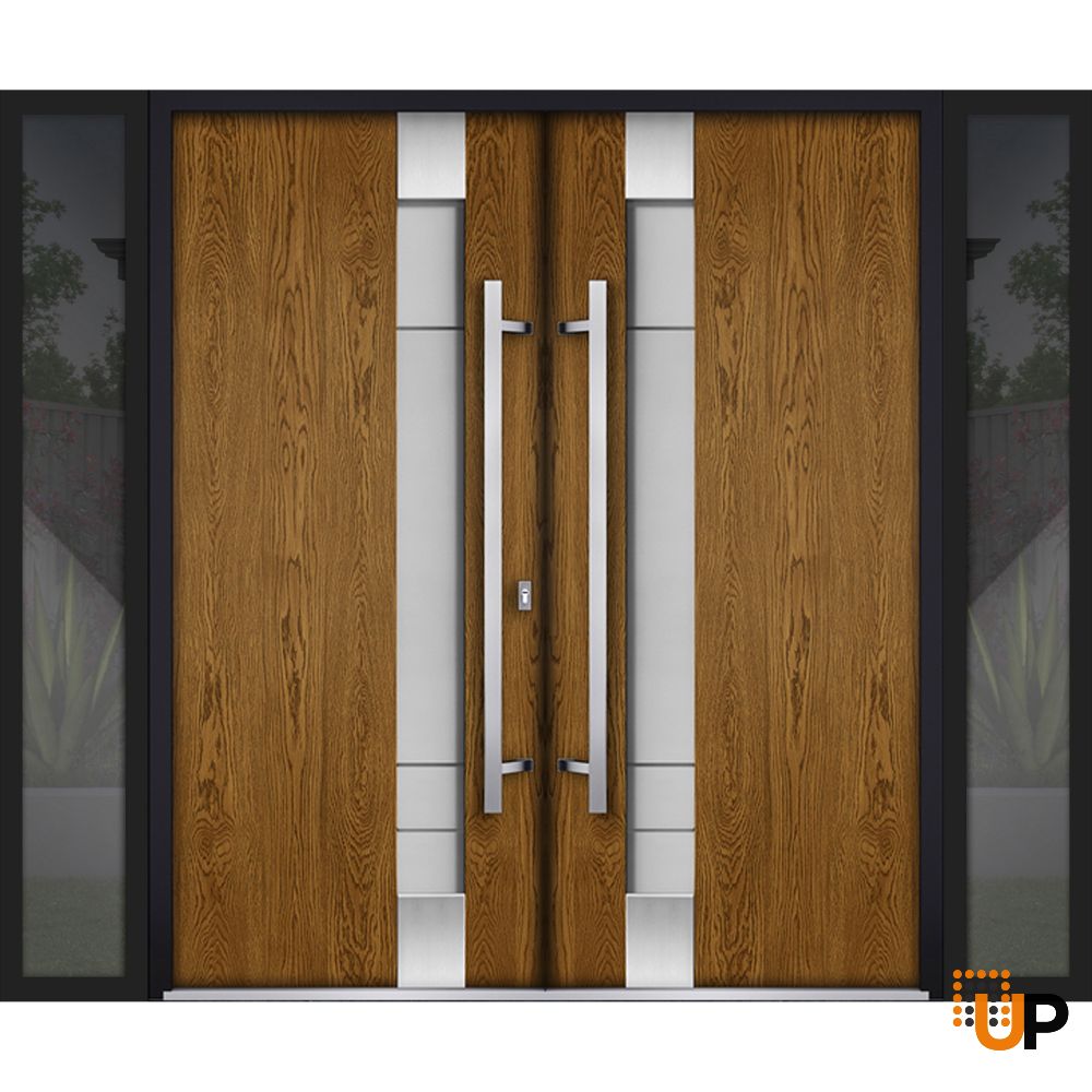 Front Exterior Prehung Steel Double Doors / Deux 1713 Natural Oak / 2 Black Sidelight Exterior Windows / Stainless Inserts Single Modern Painted-W12+72+12" x H80" photo#1