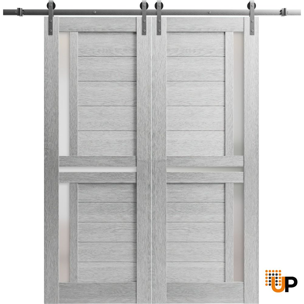 Sturdy Double Barn Door with Frosted Glass | Veregio 7288 Light Grey Oak | 13FT Rail Hangers Heavy Set | Solid Panel Interior Doors-36" x 96" (2* 18x96) photo#1