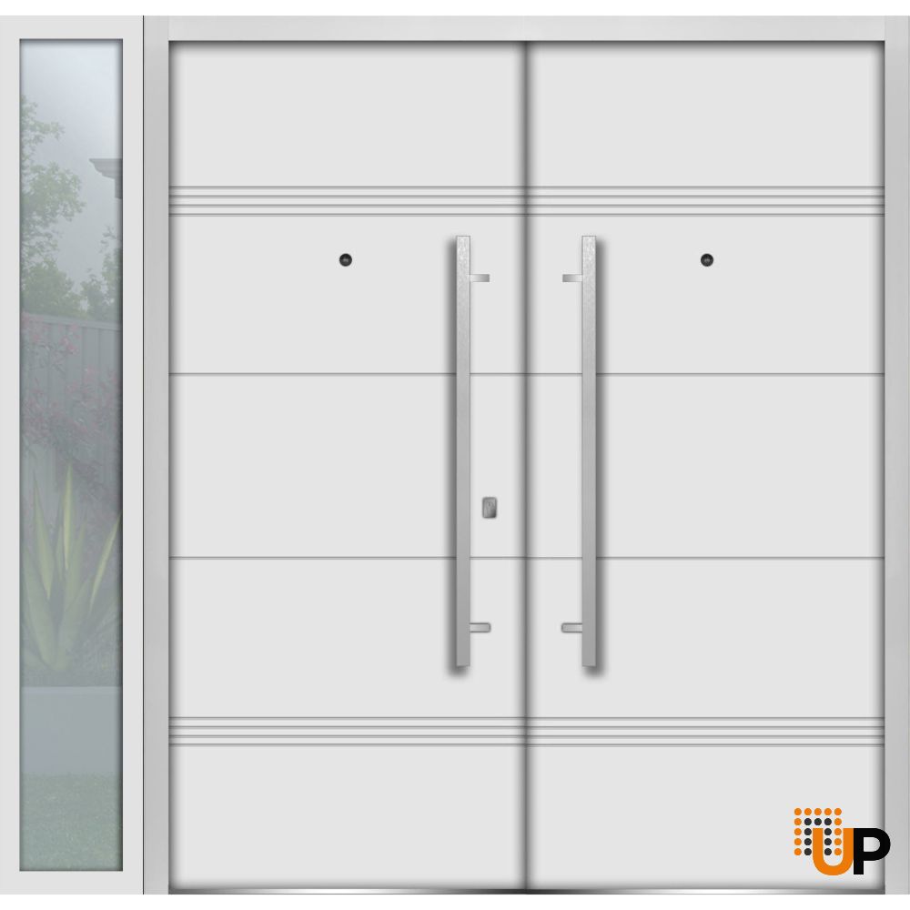 Front Exterior Prehung Steel Double Doors / Deux 1705 White Enamel / Sidelight Exterior Black Window / Stainless Inserts Single Modern Painted-W72+14" x H80" photo#2