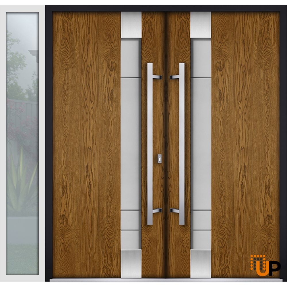 Front Exterior Prehung Steel Double Doors / Deux 1713 Natural Oak / White Sidelight Exterior Window / Stainless Inserts Double Modern Painted-Right Hand-W72+12" x H80" photo#2