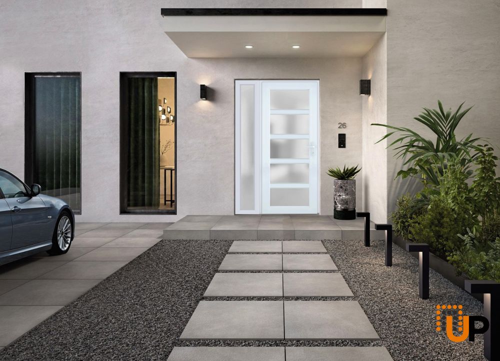 Front Exterior Prehung FiberGlass Door Frosted Glass / Manux 8002 White Silk / Sidelight Exterior Window / Office Commercial and Residential Doors Entrance Patio Garage-W30+16" x H80"-Left-hand Inswing photo#3