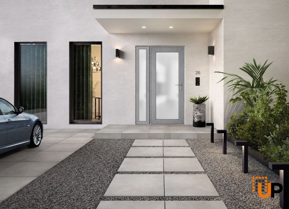 Front Exterior Prehung FiberGlass Door Frosted Glass / Manux 8102 Grey Ash / Sidelight Exterior Window / Office Commercial and Residential Doors Entrance Patio Garage-W36+14" x H80"-Left-hand Inswing photo#3