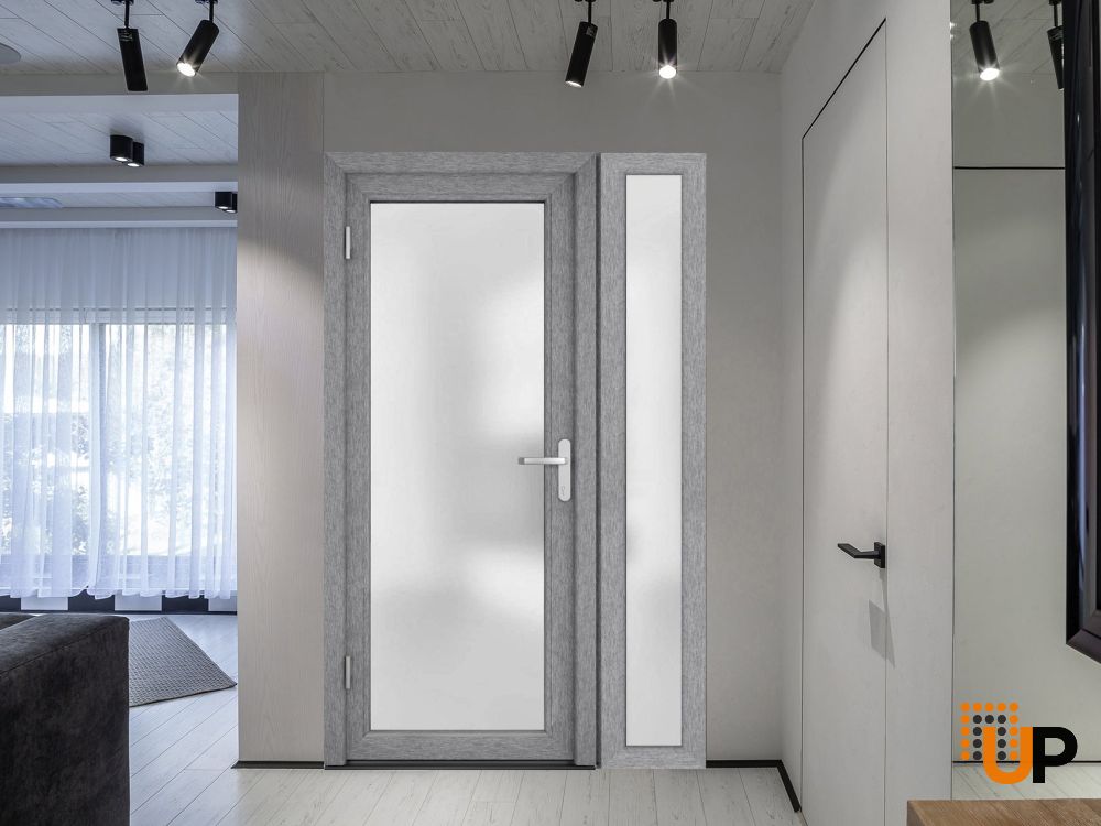 Front Exterior Prehung FiberGlass Door Frosted Glass / Manux 8102 Grey Ash / Sidelight Exterior Window / Office Commercial and Residential Doors Entrance Patio Garage-W30+14" x H80"-Right-hand Inswing photo#5