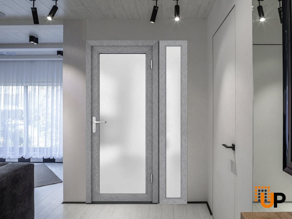 Front Exterior Prehung FiberGlass Door Frosted Glass / Manux 8102 Grey Ash / Sidelight Exterior Window / Office Commercial and Residential Doors Entrance Patio Garage-W36+14" x H80"-Left-hand Inswing photo#5