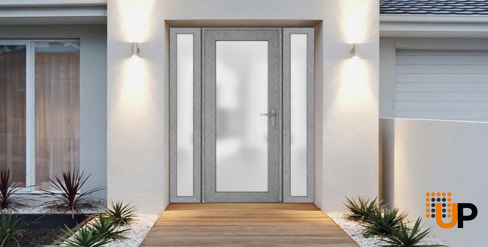 Front Exterior Prehung FiberGlass Door Frosted Glass / Manux 8102 Grey Ash / 2 Sidelight Exterior Windows / Office Commercial and Residential Doors Entrance Patio Garage-W16+36+16" x H80"-Left-hand Inswing photo#3