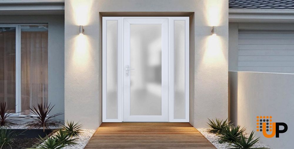 Front Exterior Prehung FiberGlass Door Frosted Glass / Manux 8102 White Silk / 2 Sidelight Exterior Windows / Office Commercial and Residential Doors Entrance Patio Garage-W12+30+12" x H80"-Right-hand Inswing photo#2