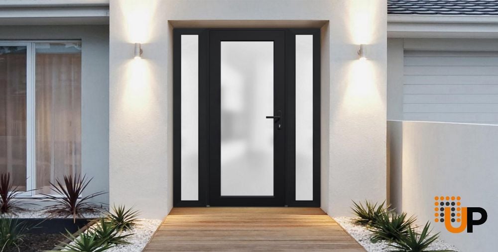Front Exterior Prehung FiberGlass Door Frosted Glass / Manux 8102 Matte Black / 2 Sidelight Exterior Windows / Office Commercial and Residential Doors Entrance Patio Garage-W12+36+12" x H80"-Left-hand Inswing photo#3