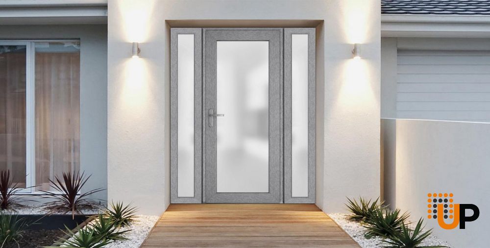 Front Exterior Prehung FiberGlass Door Frosted Glass / Manux 8102 Grey Ash / 2 Sidelight Exterior Windows / Office Commercial and Residential Doors Entrance Patio Garage-W16+36+16" x H80"-Right-hand Inswing photo#3