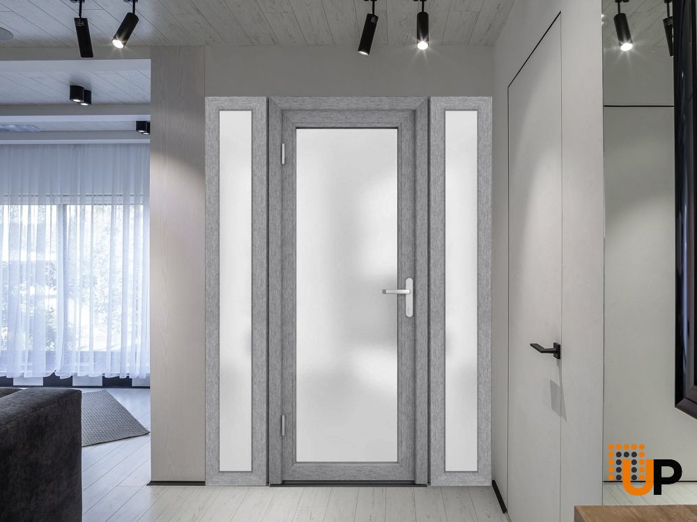 Front Exterior Prehung FiberGlass Door Frosted Glass / Manux 8102 Grey Ash / 2 Sidelight Exterior Windows / Office Commercial and Residential Doors Entrance Patio Garage-W16+36+16" x H80"-Right-hand Inswing photo#5