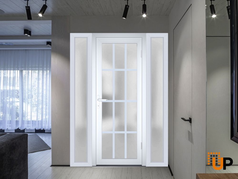 Front Exterior Prehung FiberGlass Door Frosted Glass / Manux 8312 White Silk / 2 Sidelight Exterior Windows / Office Commercial and Residential Doors Entrance Patio Garage-W16+36+16" x H80"-Left-hand Inswing photo#3