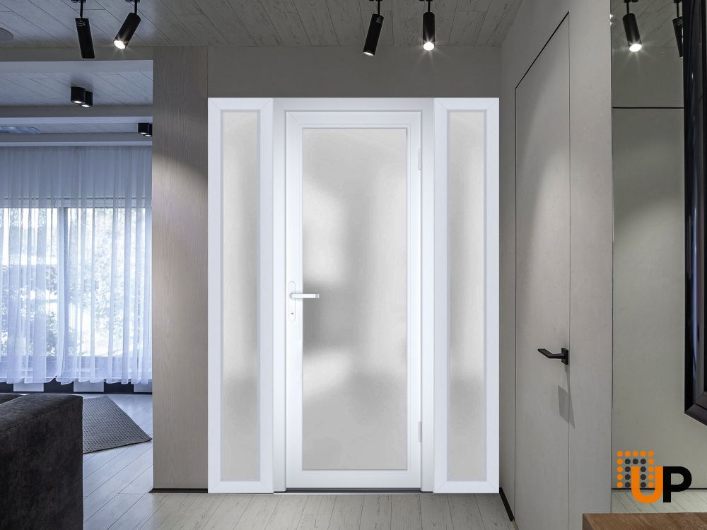 Front Exterior Prehung FiberGlass Door Frosted Glass / Manux 8102 White Silk / 2 Sidelight Exterior Windows / Office Commercial and Residential Doors Entrance Patio Garage-W14+30+14" x H80"-Left-hand Inswing photo#5