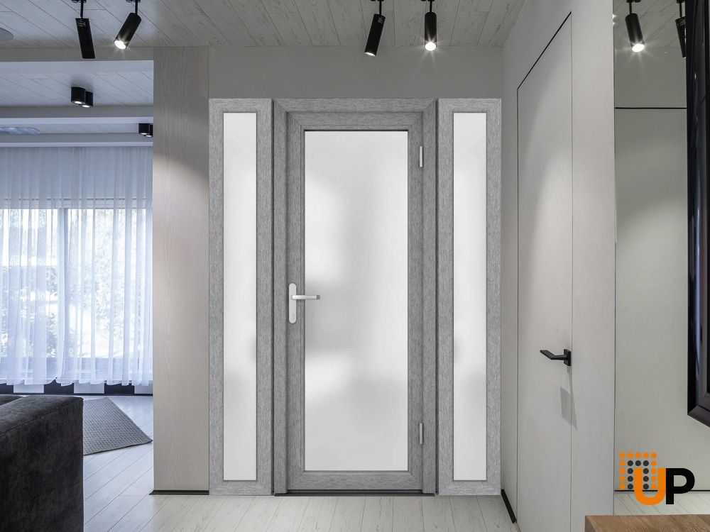 Front Exterior Prehung FiberGlass Door Frosted Glass / Manux 8102 Grey Ash / 2 Sidelight Exterior Windows / Office Commercial and Residential Doors Entrance Patio Garage-W16+36+16" x H80"-Left-hand Inswing photo#5
