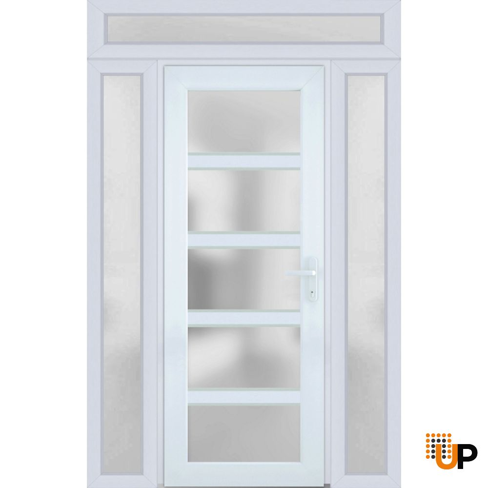 Front Exterior Prehung FiberGlass Door Frosted Glass / Manux 8002 White Silk / 2 Sidelight and Transom Window / Office Commercial and Residential Doors Entrance Patio Garage-W16+30+16" x H80+14"-Left-hand Inswing photo#1