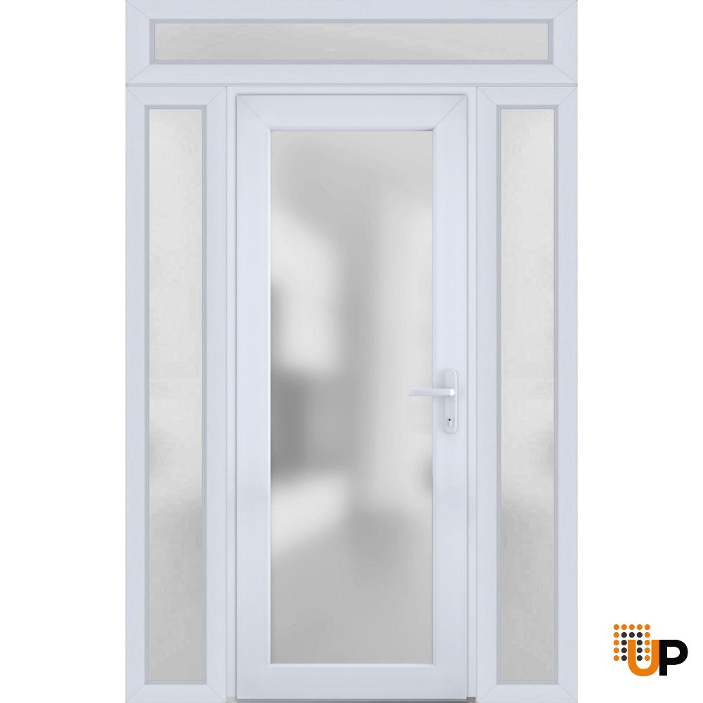 Front Exterior Prehung FiberGlass Door Frosted Glass / Manux 8102 White Silk / 2 Sidelight and Transom Window / Office Commercial and Residential Doors Entrance Patio Garage-W14+30+14" x H80+14"-Left-hand Inswing photo#2