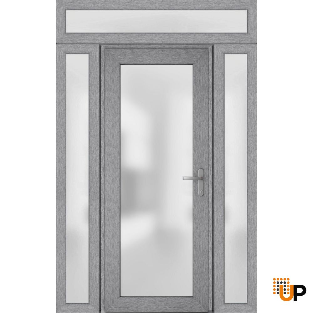 Front Exterior Prehung FiberGlass Door Frosted Glass / Manux 8102 Grey Ash / 2 Sidelight and Transom Window / Office Commercial and Residential Doors Entrance Patio Garage-W14+30+14" x H80+14"-Left-hand Inswing photo#2