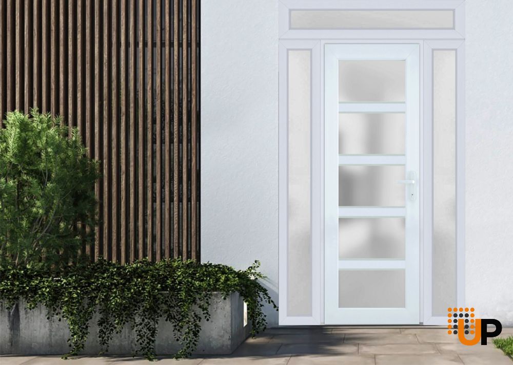 Front Exterior Prehung FiberGlass Door Frosted Glass / Manux 8002 White Silk / 2 Sidelight and Transom Window / Office Commercial and Residential Doors Entrance Patio Garage-W16+30+16" x H80+14"-Left-hand Inswing photo#2