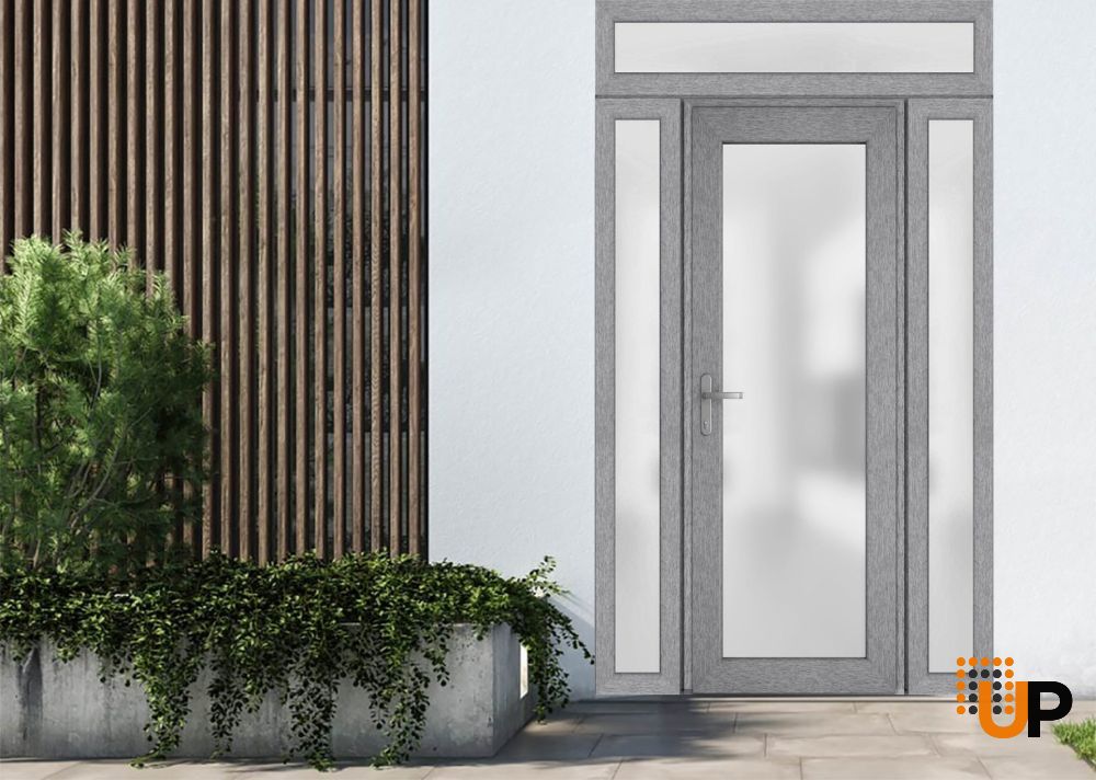 Front Exterior Prehung FiberGlass Door Frosted Glass / Manux 8102 Grey Ash / 2 Sidelight and Transom Window / Office Commercial and Residential Doors Entrance Patio Garage-W14+30+14" x H80+14"-Right-hand Inswing photo#3