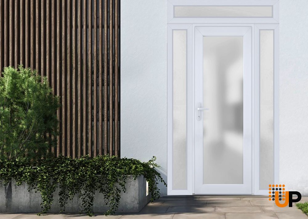 Front Exterior Prehung FiberGlass Door Frosted Glass / Manux 8102 White Silk / 2 Sidelight and Transom Window / Office Commercial and Residential Doors Entrance Patio Garage-W12+36+12" x H80+14"-Right-hand Inswing photo#3