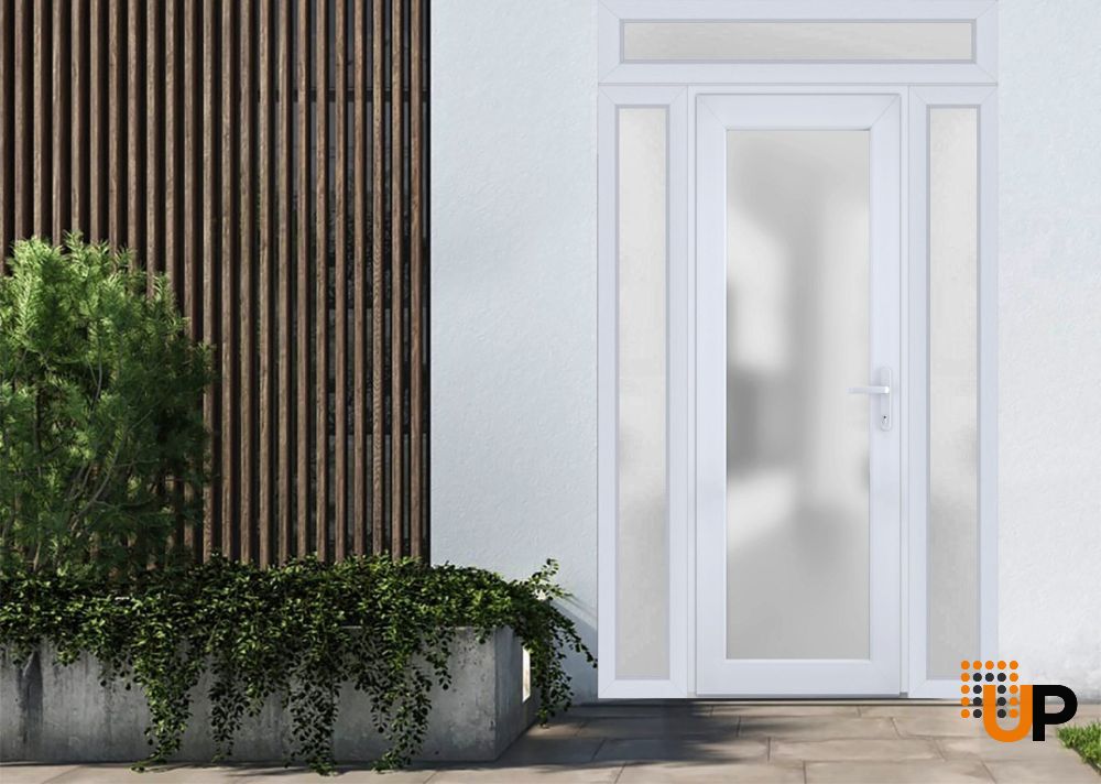 Front Exterior Prehung FiberGlass Door Frosted Glass / Manux 8102 White Silk / 2 Sidelight and Transom Window / Office Commercial and Residential Doors Entrance Patio Garage-W14+30+14" x H80+14"-Left-hand Inswing photo#3