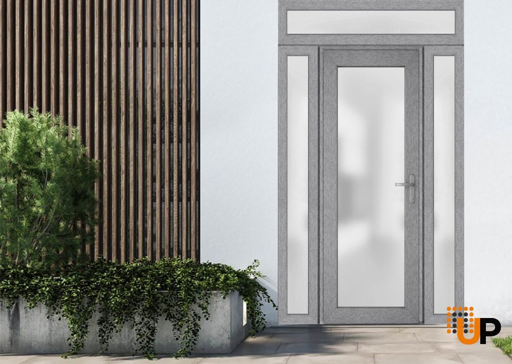 Front Exterior Prehung FiberGlass Door Frosted Glass / Manux 8102 Grey Ash / 2 Sidelight and Transom Window / Office Commercial and Residential Doors Entrance Patio Garage-W14+30+14" x H80+14"-Left-hand Inswing photo#3