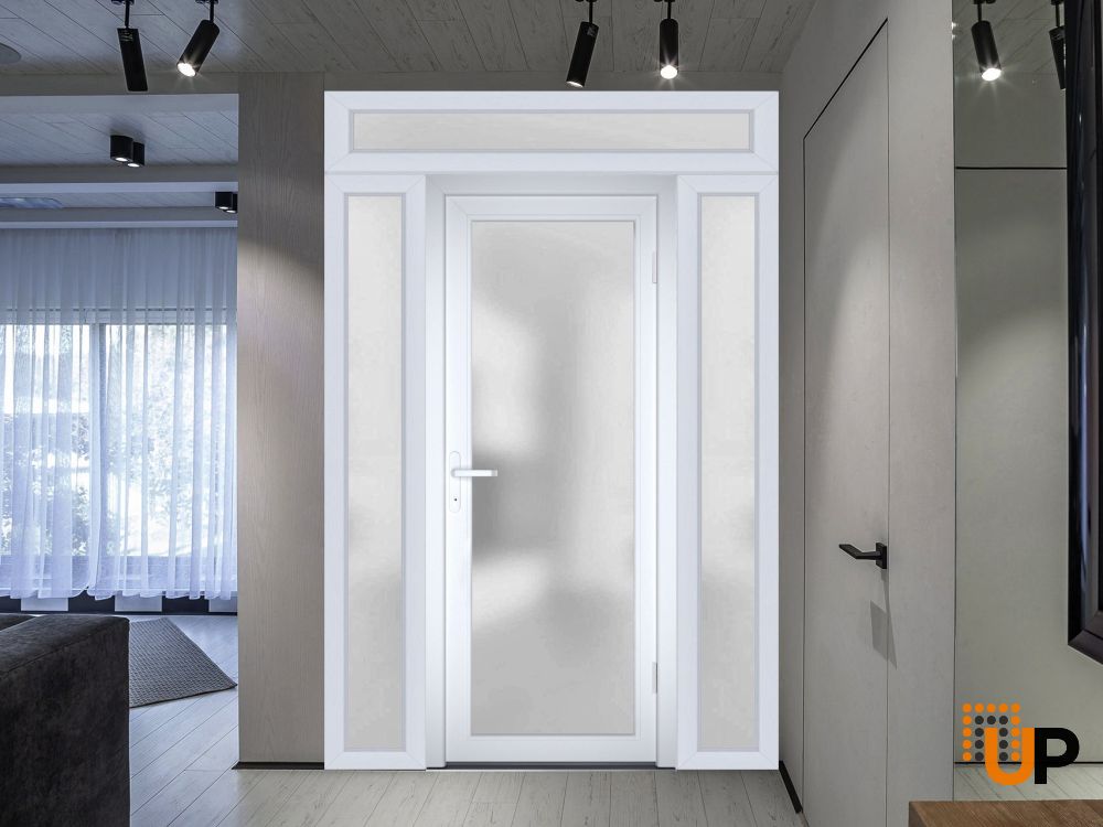 Front Exterior Prehung FiberGlass Door Frosted Glass / Manux 8102 White Silk / 2 Sidelight and Transom Window / Office Commercial and Residential Doors Entrance Patio Garage-W14+30+14" x H80+14"-Left-hand Inswing photo#5