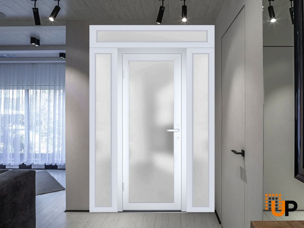 Front Exterior Prehung FiberGlass Door Frosted Glass / Manux 8102 White Silk / 2 Sidelight and Transom Window / Office Commercial and Residential Doors Entrance Patio Garage-W12+36+12" x H80+14"-Right-hand Inswing photo#5