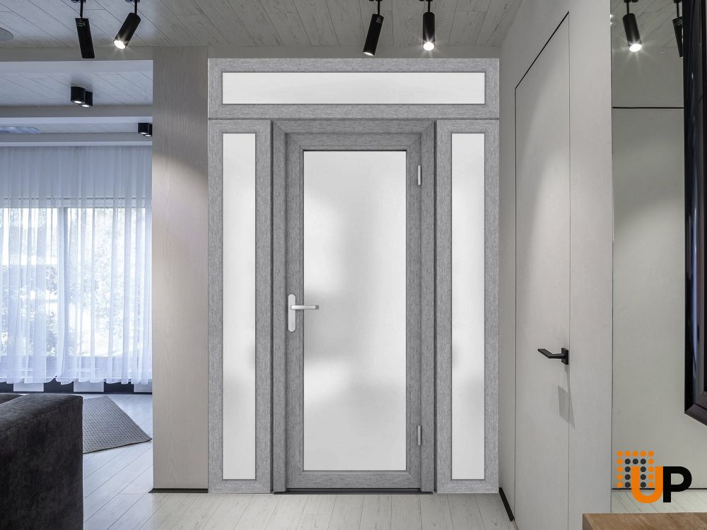 Front Exterior Prehung FiberGlass Door Frosted Glass / Manux 8102 Grey Ash / 2 Sidelight and Transom Window / Office Commercial and Residential Doors Entrance Patio Garage-W14+30+14" x H80+14"-Left-hand Inswing photo#5