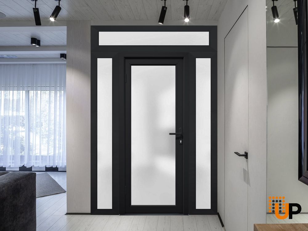 Front Exterior Prehung FiberGlass Door Frosted Glass / Manux 8102 Matte Black / 2 Sidelight and Transom Window / Office Commercial and Residential Doors Entrance Patio Garage-W12+36+12" x H80+14"-Right-hand Inswing photo#5