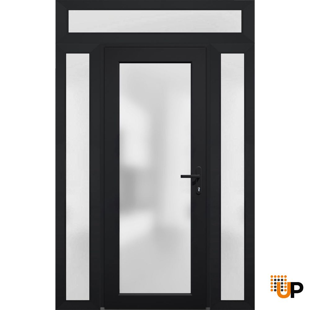 Front Exterior Prehung FiberGlass Door Frosted Glass / Manux 8102 Matte Black / 2 Sidelight and Transom Window / Office Commercial and Residential Doors Entrance Patio Garage-W16+36+16" x H80+14"-Left-hand Inswing photo#2