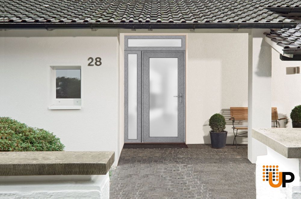 Front Exterior Prehung FiberGlass Door Frosted Glass / Manux 8102 Grey Ash / Sidelight and Transom Window / Office Commercial and Residential Doors Entrance Patio Garage-W30+14" x H80+14"-Left-hand Inswing photo#3