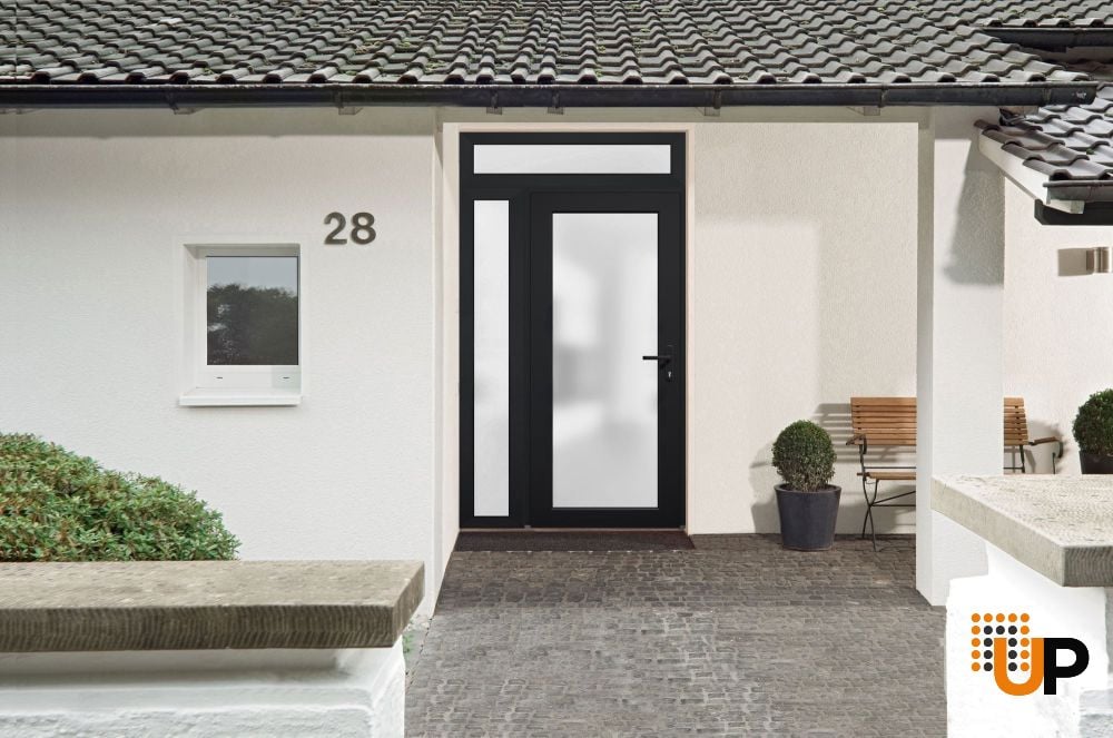 Front Exterior Prehung FiberGlass Door Frosted Glass / Manux 8102 Matte Black / Sidelight and Transom Window / Office Commercial and Residential Doors Entrance Patio Garage-W36+12" x H80+14"-Left-hand Inswing photo#3