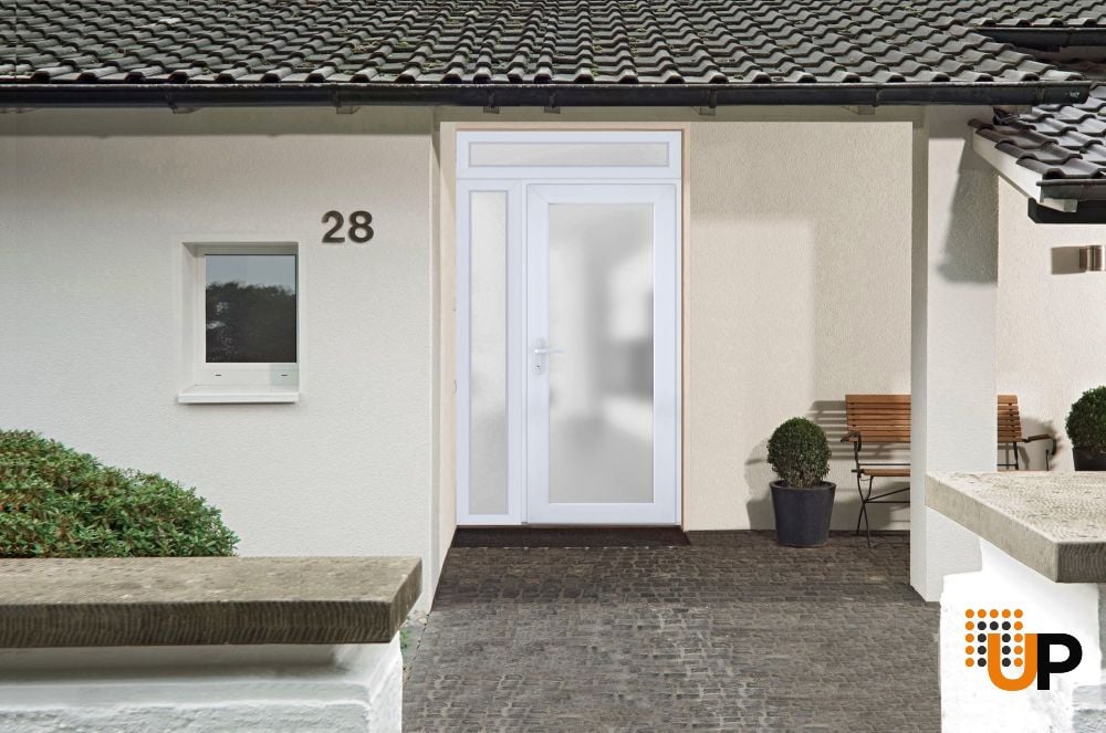 Front Exterior Prehung FiberGlass Door Frosted Glass / Manux 8102 White Silk / Sidelight and Transom Window / Office Commercial and Residential Doors Entrance Patio Garage-W36+12" x H80+14"-Right-hand Inswing photo#3