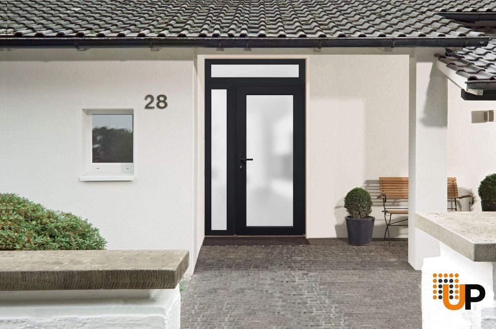 Front Exterior Prehung FiberGlass Door Frosted Glass / Manux 8102 Matte Black / Sidelight and Transom Window / Office Commercial and Residential Doors Entrance Patio Garage-W36+12" x H80+14"-Right-hand Inswing photo#3