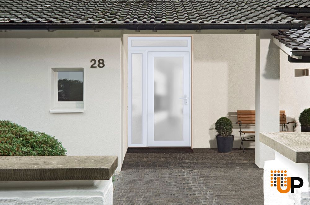 Front Exterior Prehung FiberGlass Door Frosted Glass / Manux 8102 White Silk / Sidelight and Transom Window / Office Commercial and Residential Doors Entrance Patio Garage-W30+14" x H80+14"-Left-hand Inswing photo#3