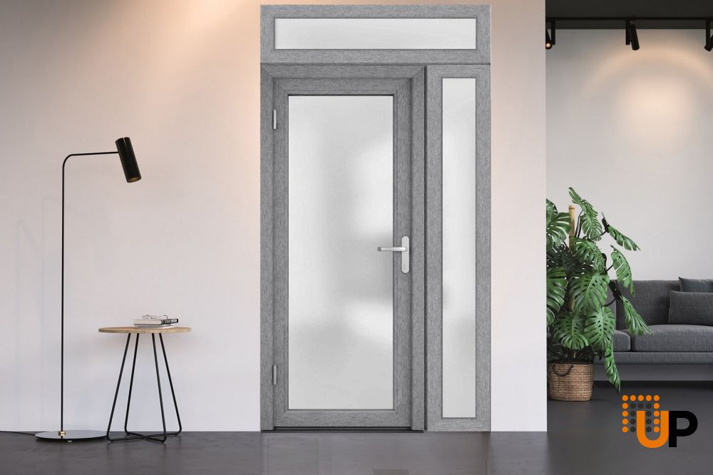 Front Exterior Prehung FiberGlass Door Frosted Glass / Manux 8102 Grey Ash / Sidelight and Transom Window / Office Commercial and Residential Doors Entrance Patio Garage-W36+14" x H80+14"-Right-hand Inswing photo#5