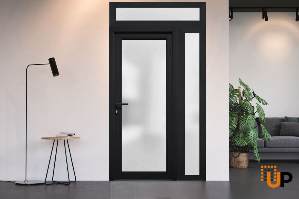 Front Exterior Prehung FiberGlass Door Frosted Glass / Manux 8102 Matte Black / Sidelight and Transom Window / Office Commercial and Residential Doors Entrance Patio Garage-W36+12" x H80+14"-Left-hand Inswing photo#5