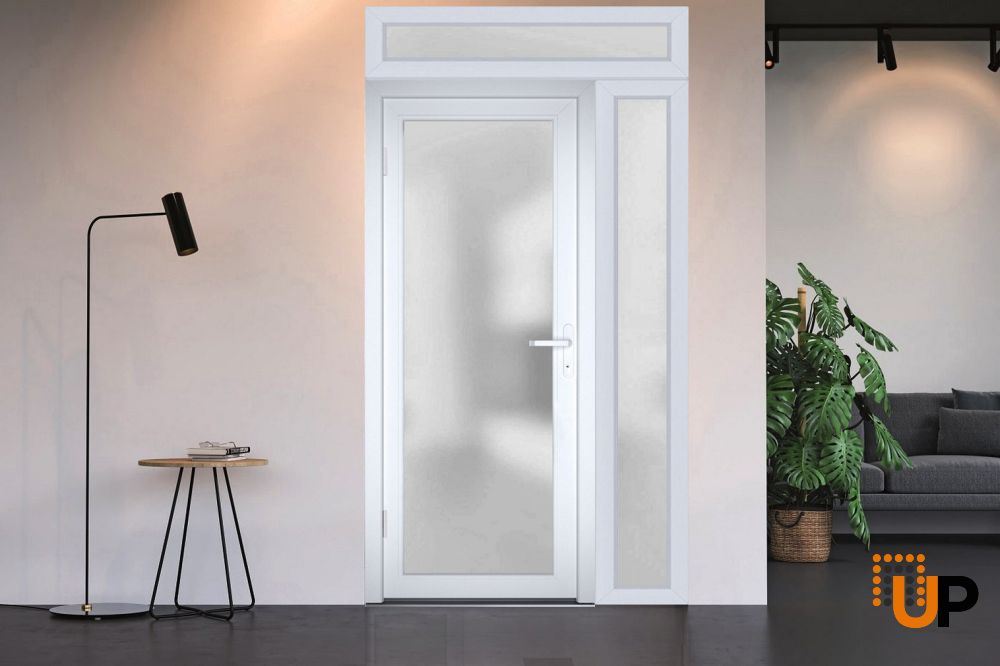 Front Exterior Prehung FiberGlass Door Frosted Glass / Manux 8102 White Silk / Sidelight and Transom Window / Office Commercial and Residential Doors Entrance Patio Garage-W36+12" x H80+14"-Right-hand Inswing photo#5