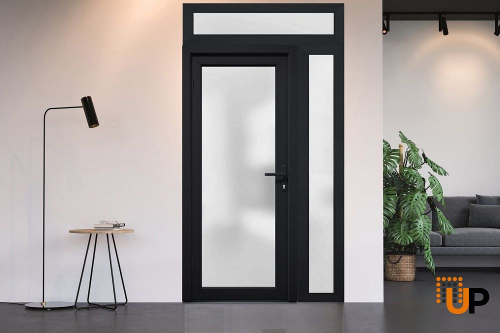 Front Exterior Prehung FiberGlass Door Frosted Glass / Manux 8102 Matte Black / Sidelight and Transom Window / Office Commercial and Residential Doors Entrance Patio Garage-W36+12" x H80+14"-Right-hand Inswing photo#5