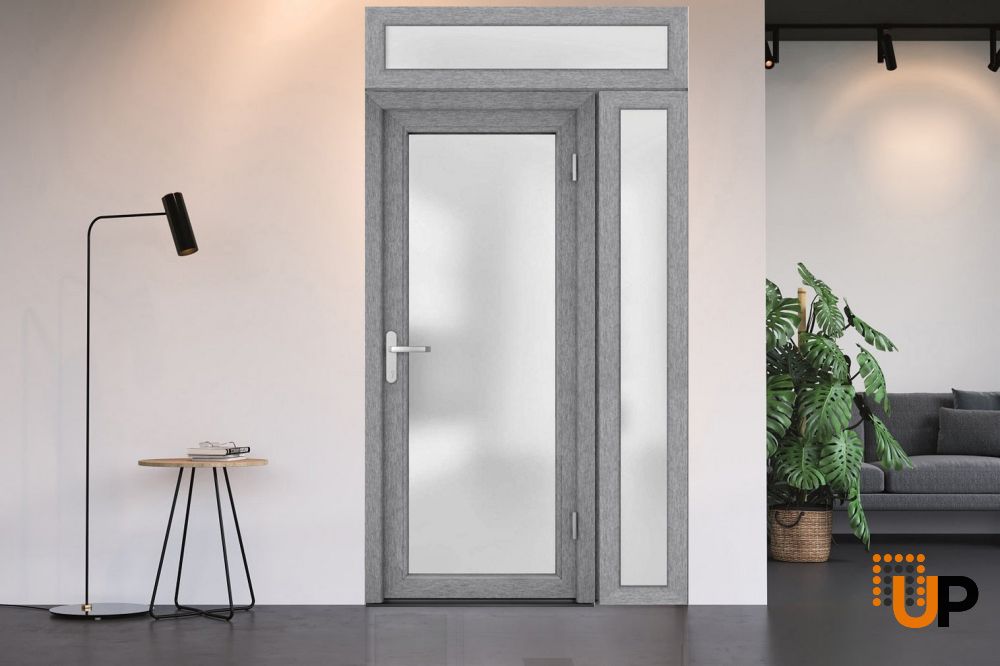 Front Exterior Prehung FiberGlass Door Frosted Glass / Manux 8102 Grey Ash / Sidelight and Transom Window / Office Commercial and Residential Doors Entrance Patio Garage-W30+14" x H80+14"-Left-hand Inswing photo#5