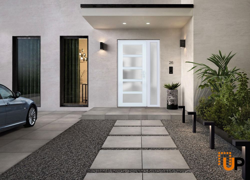 Front Exterior Prehung FiberGlass Door Frosted Glass / Manux 8002 White Silk / Sidelight Exterior Window / Office Commercial and Residential Doors Entrance Patio Garage-W30+16" x H80"-Left-hand Inswing photo#5